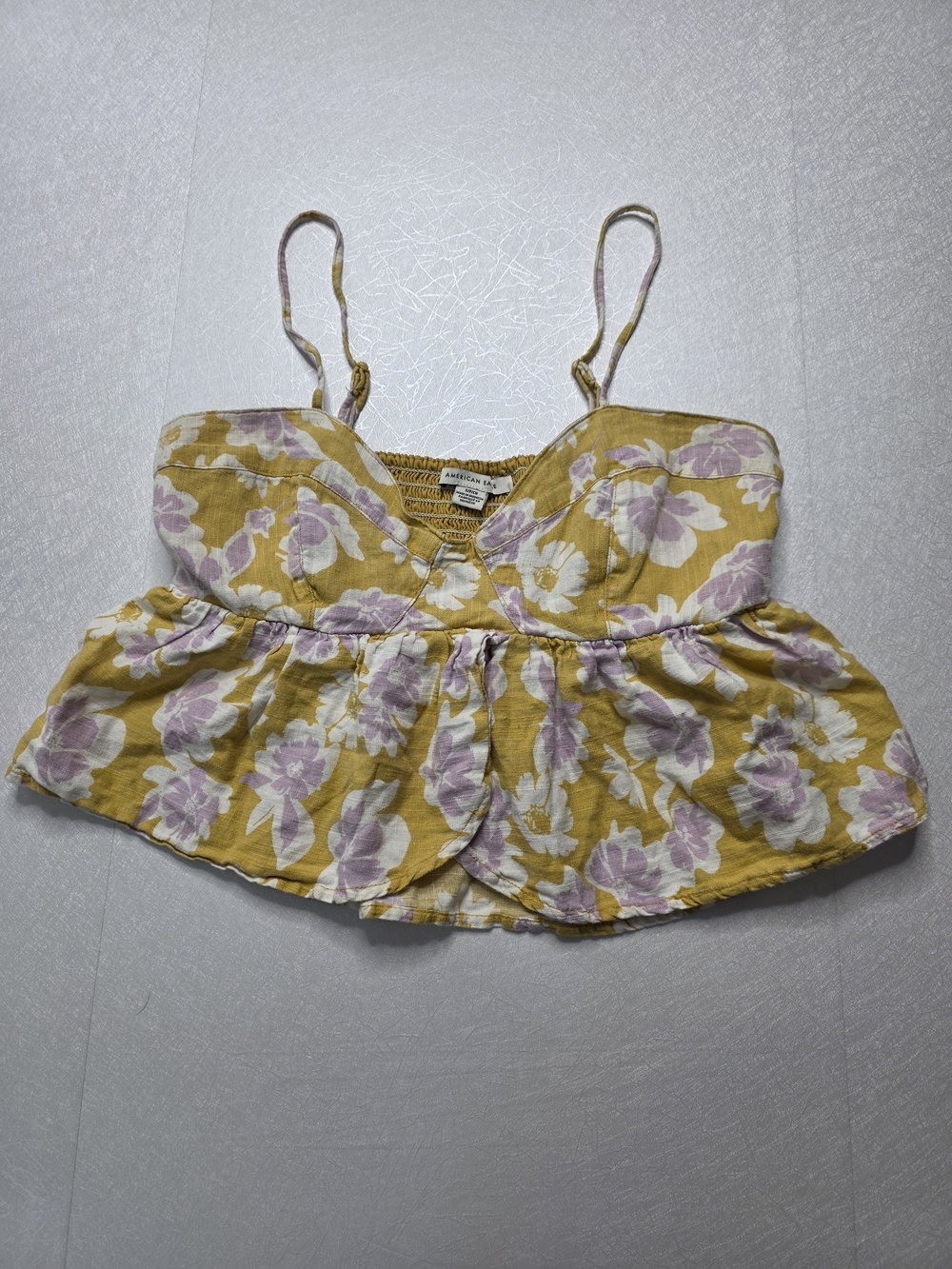 *Y2K* American Eagle Smocked Linen-Blend Peplum Camisole Crop Tank, S